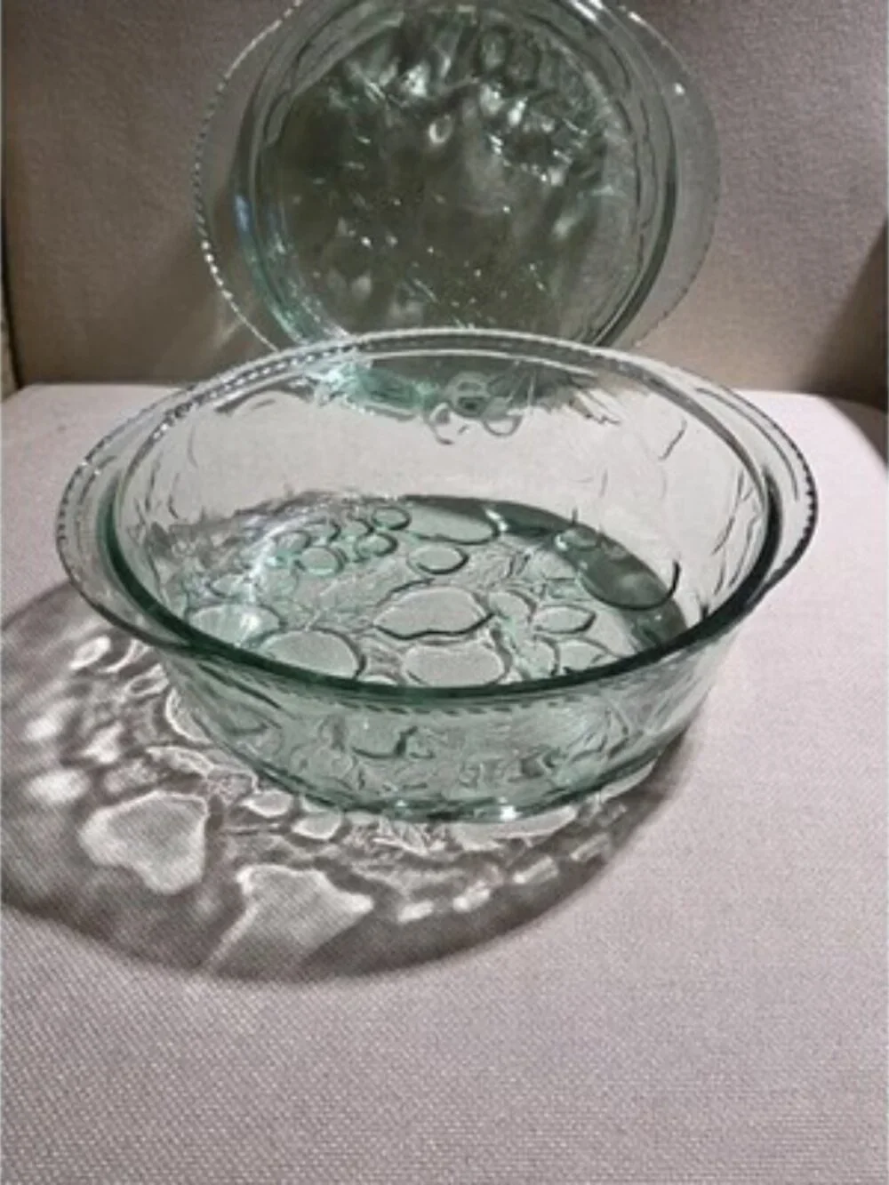 Vintage Libbey Orchard Fruit Green Glass 3 Qt Casserole Dish with Pie Plate Lid